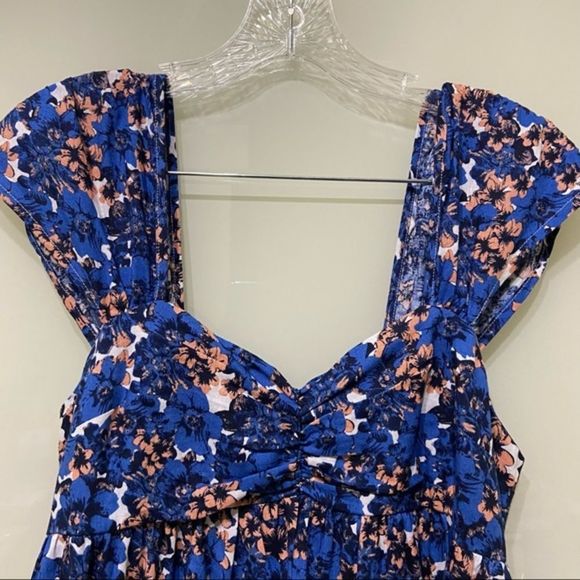 Free People; Blue Pattern Play Linen Floral ;Ruffle Mini Dress; Size  Small,. - Picture 5 of 9